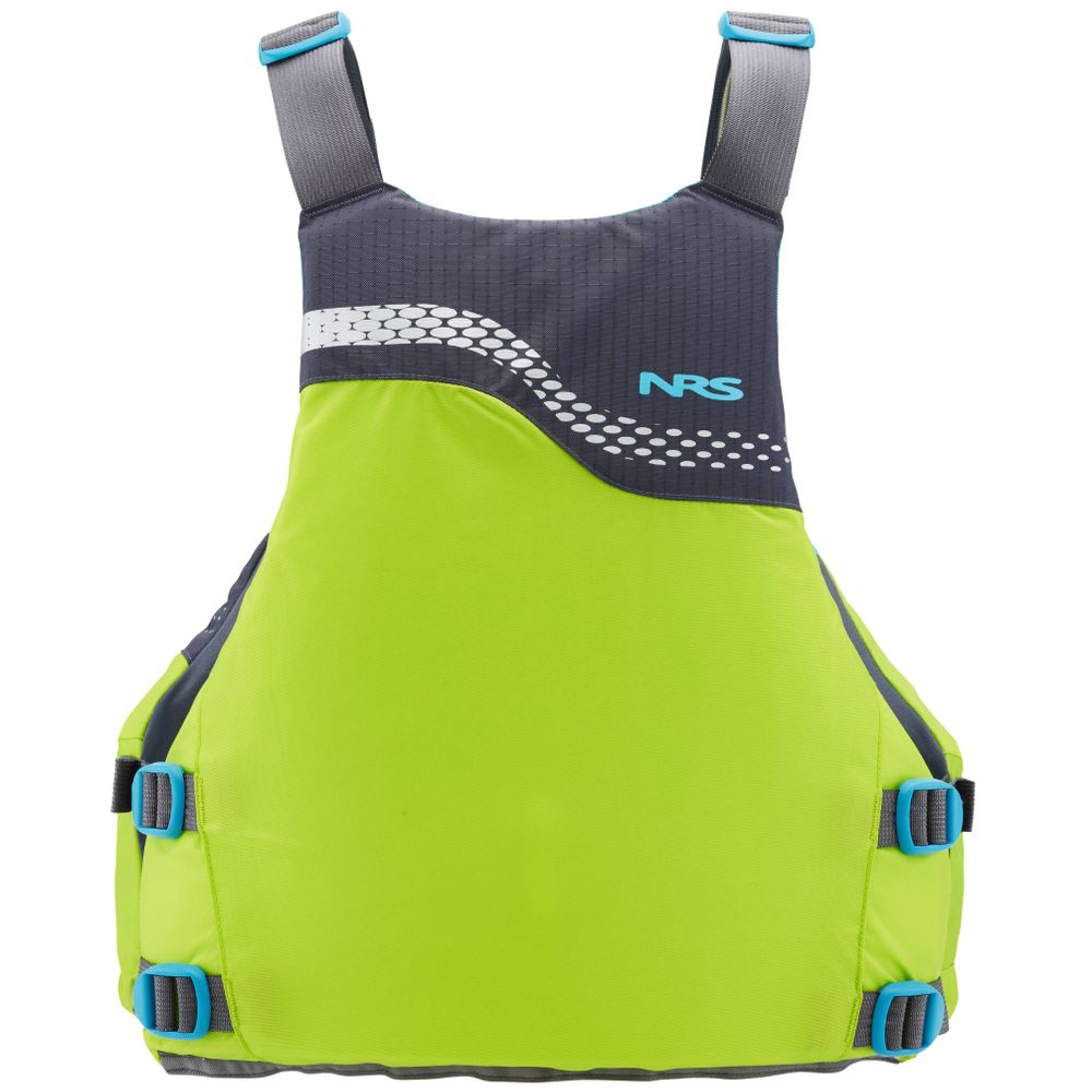 The NRS Vista PFD is a bright green and gray life jacket with adjustable blue straps. It features the NRS logo on the front and has US Coast Guard Certification, perfect for ensuring safety and style on your water adventures.