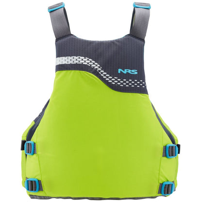 The NRS Vista PFD is a bright green and gray life jacket with adjustable blue straps. It features the NRS logo on the front and has US Coast Guard Certification, perfect for ensuring safety and style on your water adventures.