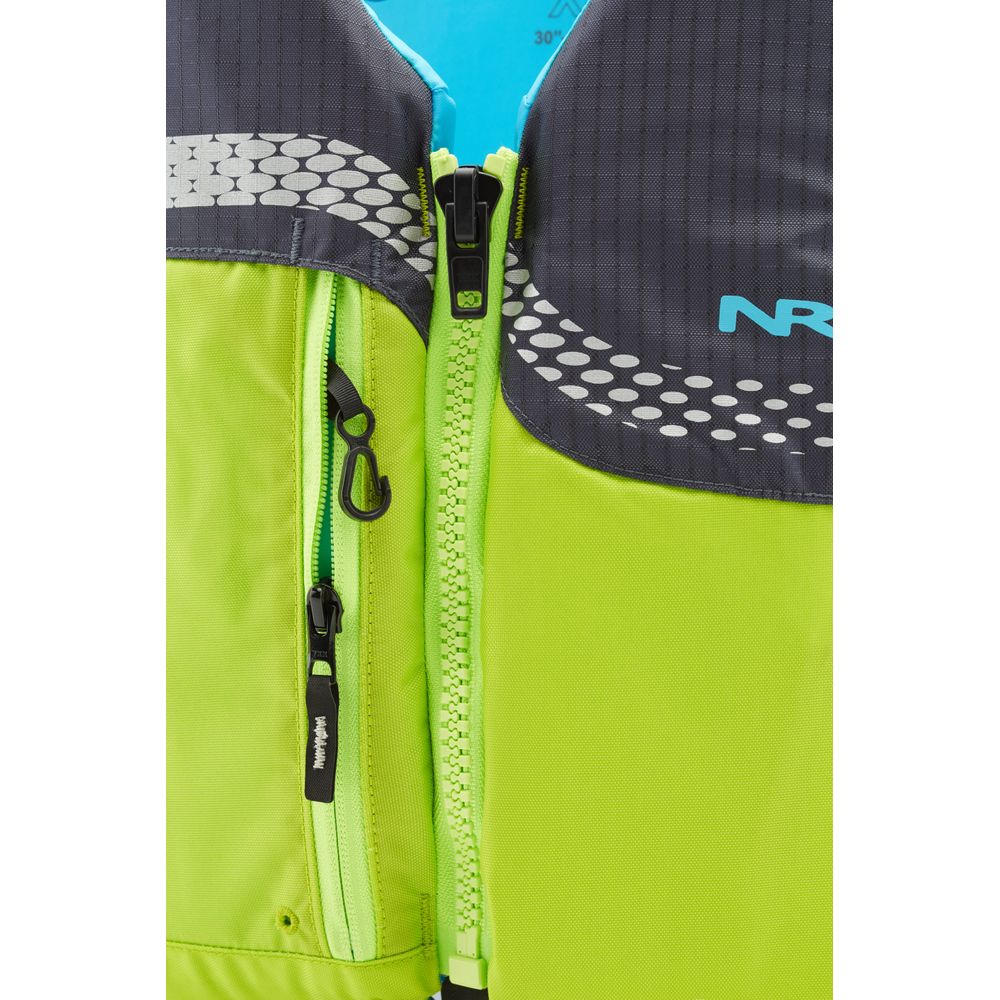 Close-up of the neon green Vista PFD, featuring black zippers and a gray dotted pattern near the collar. The blue "NR" letters on the upper right hint at its US Coast Guard certification from NRS.