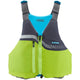 The NRS Vista PFD in green and blue, with front zip closure and adjustable shoulder straps, is perfect for water adventures.