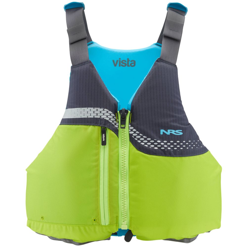 The NRS Vista PFD in green and blue, with front zip closure and adjustable shoulder straps, is perfect for water adventures.