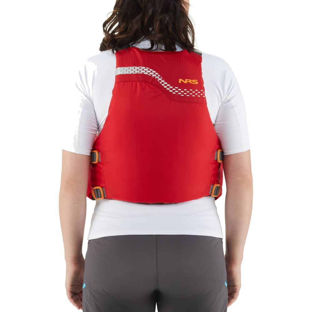 A person is seen from the back wearing a red NRS Vista PFD, US Coast Guard-certified, over a white shirt and gray pants.