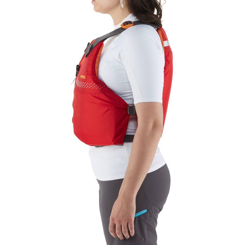 A person in a red NRS Vista PFD, certified by the US Coast Guard, and a white shirt is seen in profile against a white background.