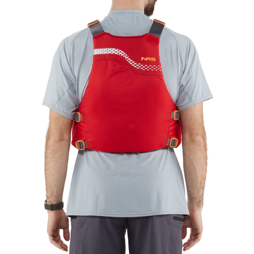 An individual wearing an NRS Vista PFD with US Coast Guard certification, over a light gray shirt and dark pants, shown from the back.