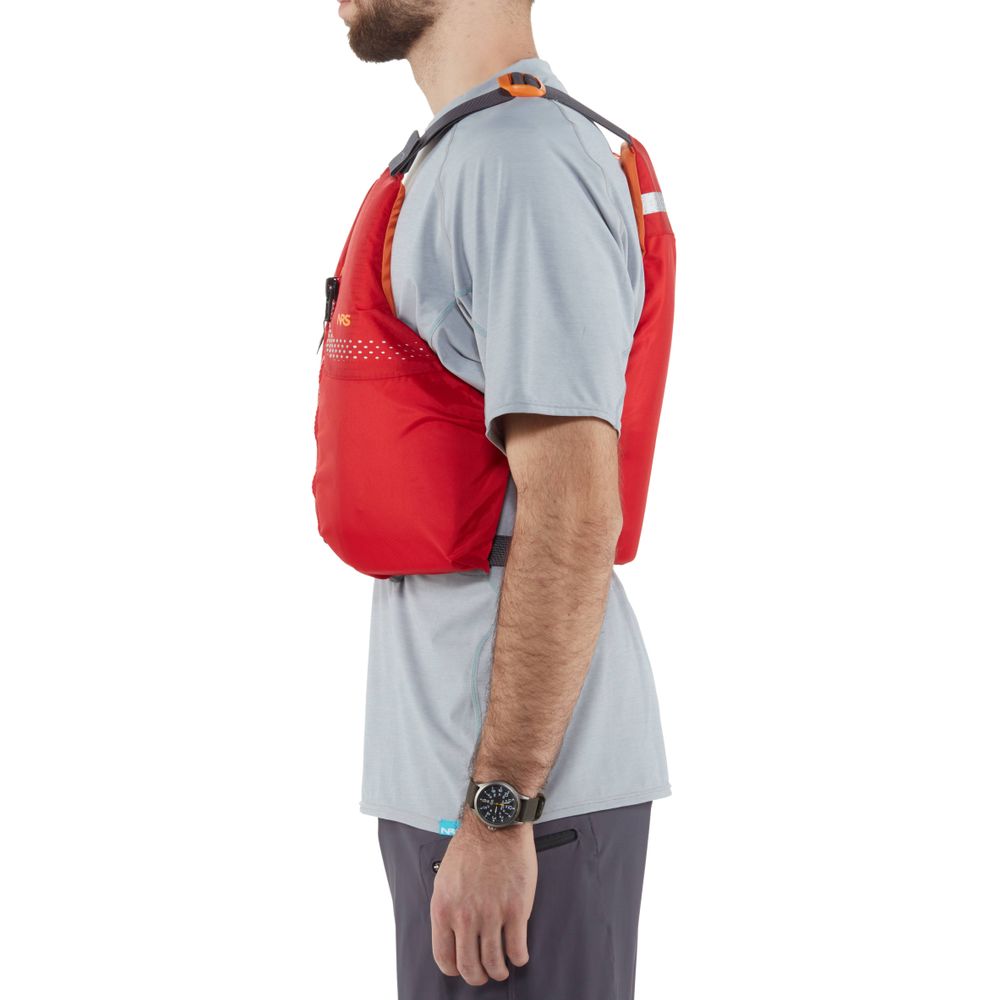 Side view of a person wearing an NRS Vista PFD in red, certified by the US Coast Guard, over a gray t-shirt.