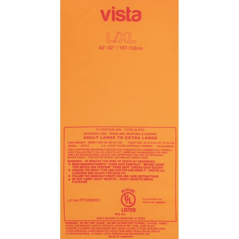 Orange flotation aid titled "Vista PFD" with red sizing info and safety instructions meets US Coast Guard standards, ensuring safety and peace of mind. Brand: NRS.