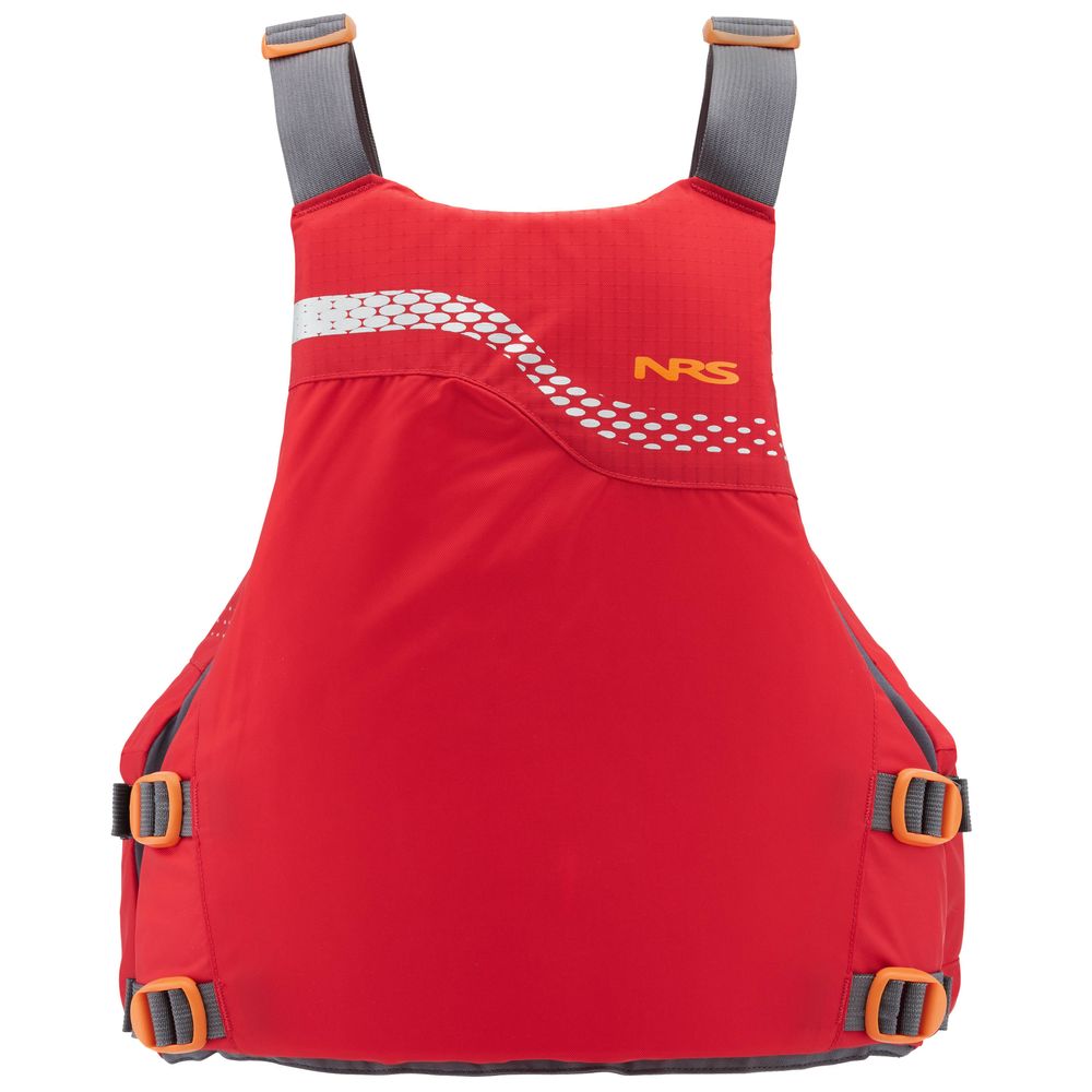 The NRS Vista PFD is a red life jacket with gray and orange straps, featuring a white dotted wave pattern and the "NRS" logo. Designed for beginners, it combines style and safety, meeting US Coast Guard certification standards for secure water activities.