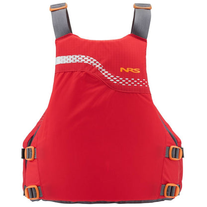 The NRS Vista PFD is a red life jacket with gray and orange straps, featuring a white dotted wave pattern and the "NRS" logo. Designed for beginners, it combines style and safety, meeting US Coast Guard certification standards for secure water activities.