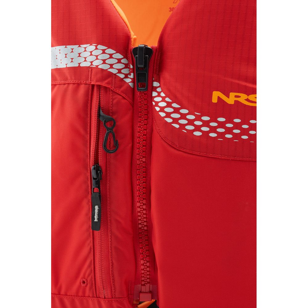 Close-up of the NRS Vista PFD in vibrant red, featuring a central zipper, pocket with pull tab, and reflective dotted accents. This beginner’s life jacket is US Coast Guard Certified for added peace of mind.