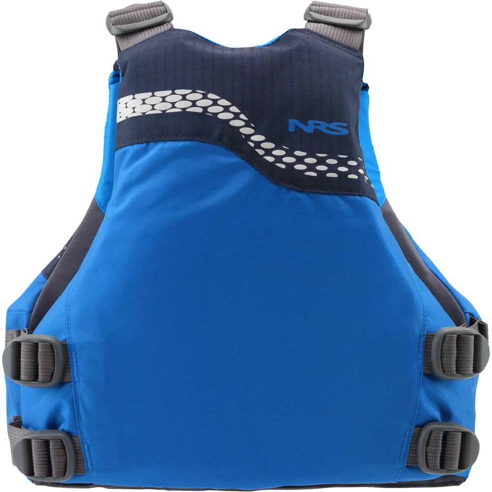 The NRS Vista Youth PFD features a blue life jacket design with sturdy gray straps, a white pattern on the upper section, and is made from durable 400 denier nylon.