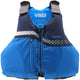 The Vista Youth PFD from NRS is a blue and black life jacket with a front zipper and gray straps, designed for 50-90 lbs. Made of durable 400 denier nylon, this Type III device ensures safety and comfort for young adventurers.