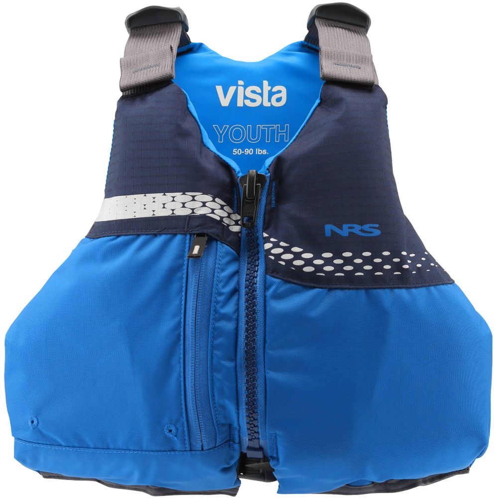 The Vista Youth PFD from NRS is a blue and black life jacket with a front zipper and gray straps, designed for 50-90 lbs. Made of durable 400 denier nylon, this Type III device ensures safety and comfort for young adventurers.