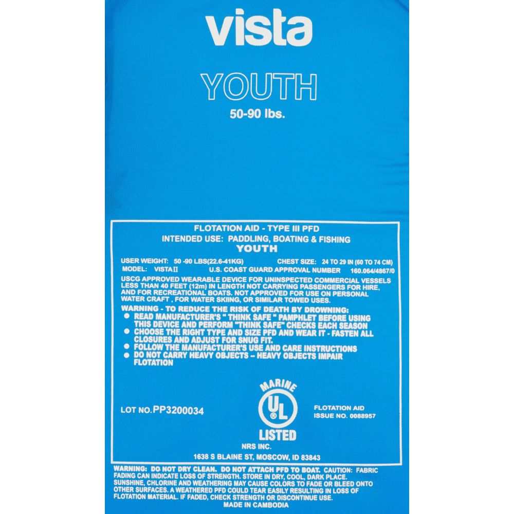 The NRS Vista Youth PFD life jacket is suitable for 50-90 lbs and is made from durable 400-denier nylon. It holds Type III flotation certification and includes safety instructions.