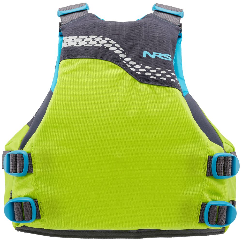 The NRS Vista Youth PFD is a bright green and gray life jacket with blue accents, adjustable straps, and a geometric design on the front, crafted from durable 400 denier nylon.