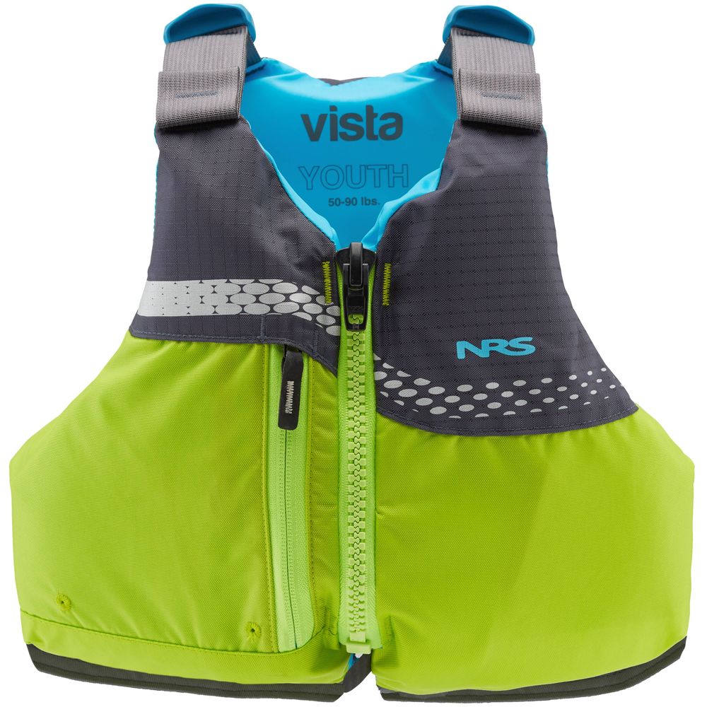 The Vista Youth PFD by NRS is a bright green and black life vest featuring a front zipper, adjustable gray straps, and durable 400 denier nylon.