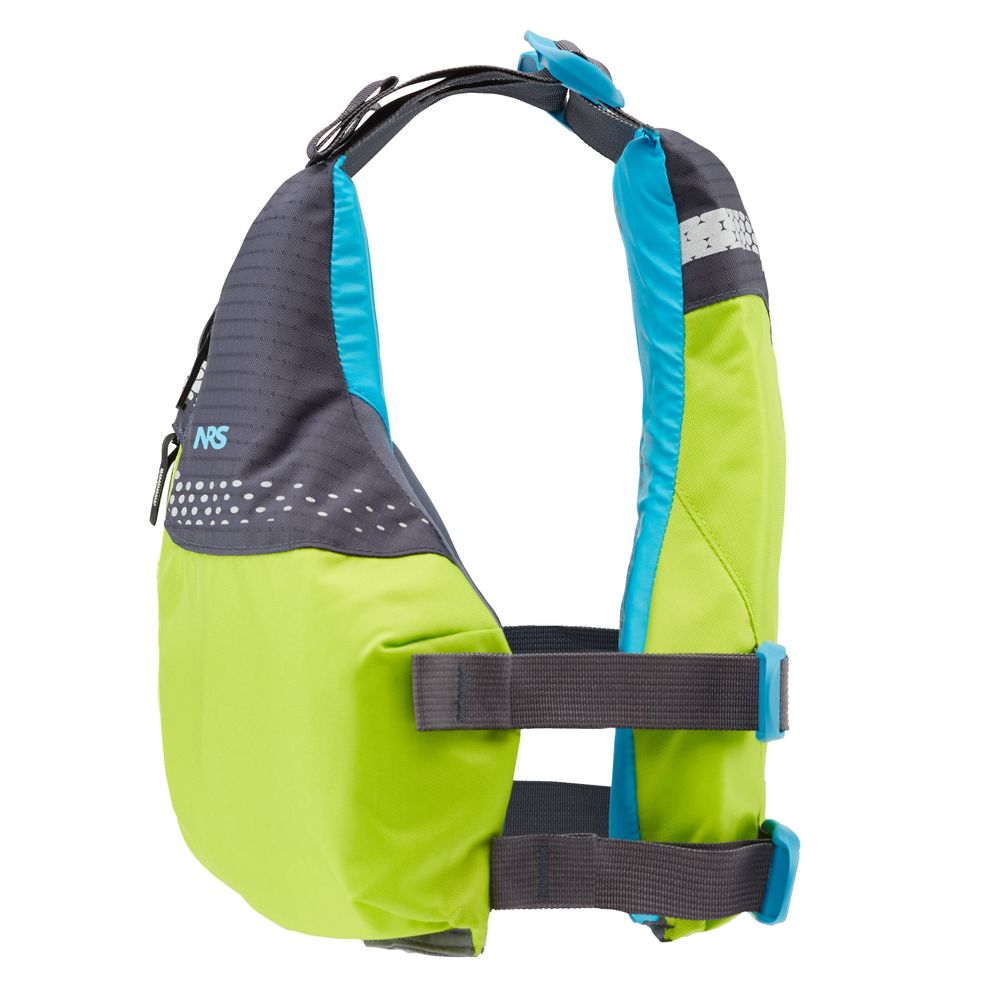 The NRS Vista Youth PFD is a stylish Type III flotation device in lime green and turquoise with black details. It features adjustable straps and is crafted from durable 400-denier nylon for both safety and fashion.