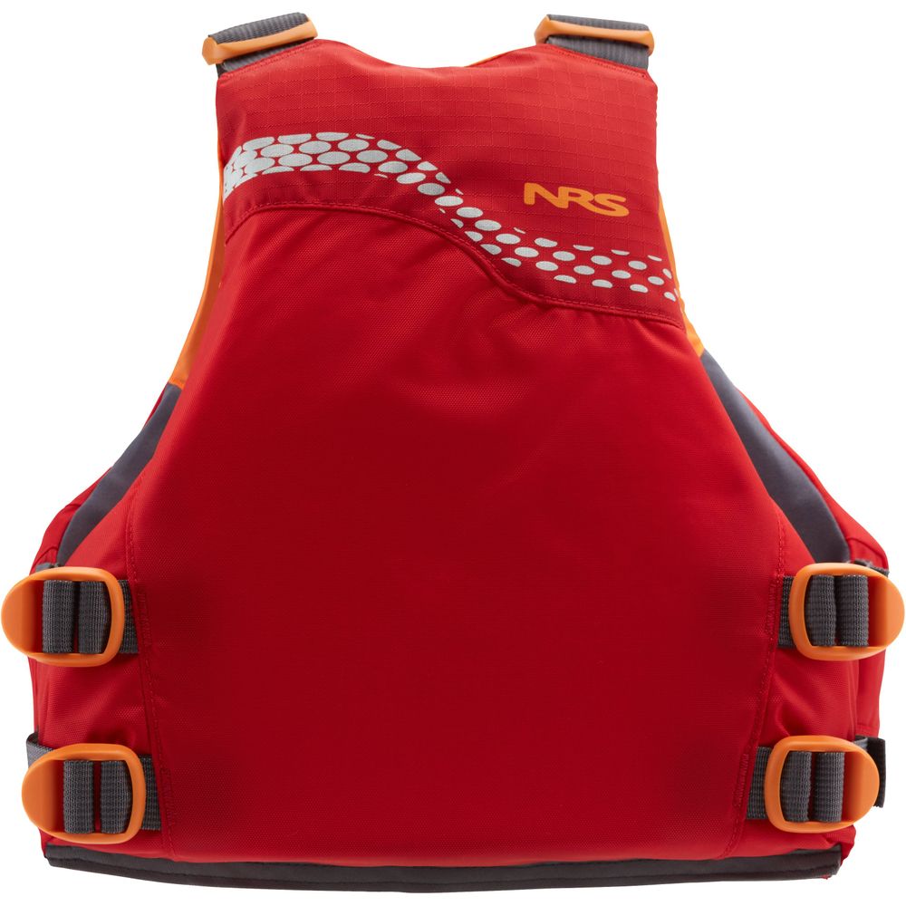 The NRS Vista Youth PFD is a red life jacket made from 400 denier nylon, featuring black and orange straps with a white pattern at the top. It offers Type III flotation for dependable safety.