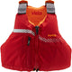 The Vista Youth PFD by NRS is a red life jacket for youth, crafted from durable 400 denier nylon with grey straps and white design accents, providing Type III flotation for safety.