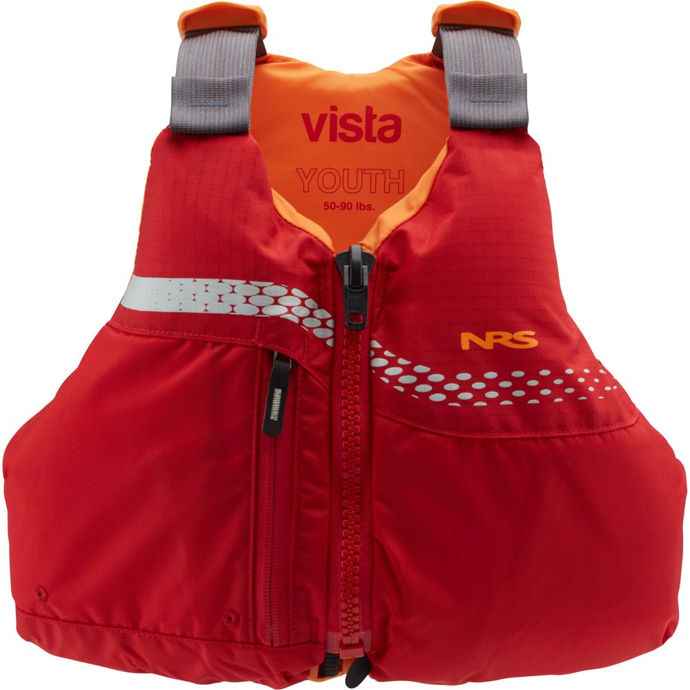 The Vista Youth PFD by NRS is a red life jacket for youth, crafted from durable 400 denier nylon with grey straps and white design accents, providing Type III flotation for safety.