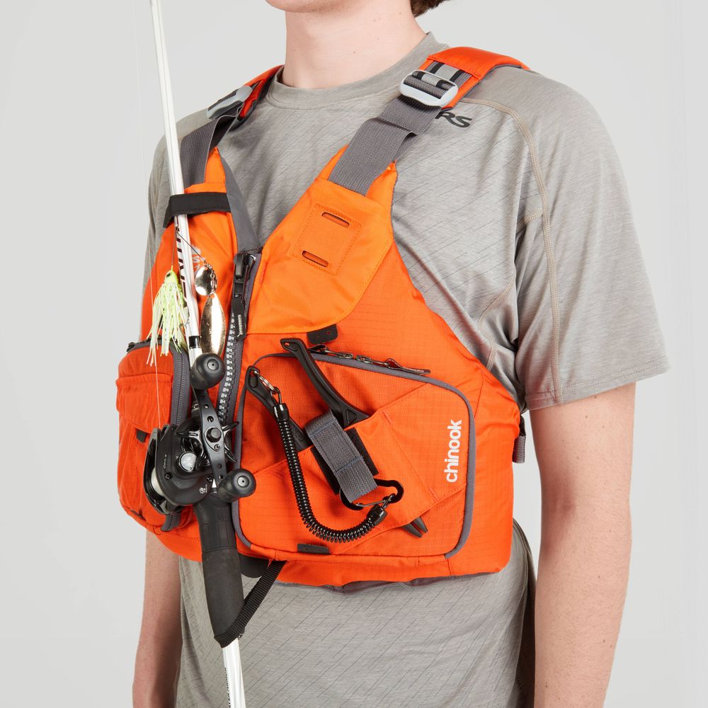 Featuring the Chinook Fishing PFD fishing pfd manufactured by NRS shown here from a twenty ninth angle.