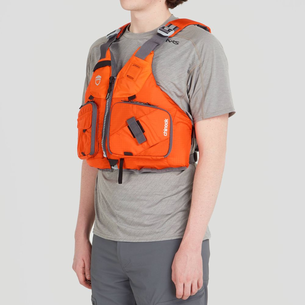 Featuring the Chinook Fishing PFD fishing pfd manufactured by NRS shown here from a thirty first angle.