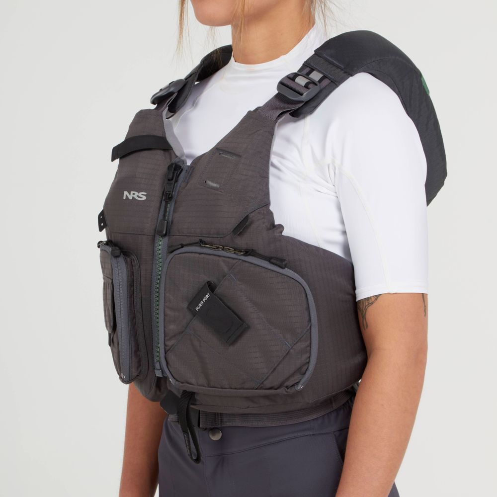 A person in a gray NRS Chinook Fishing PFD over a white shirt is shown from the side against a plain background.