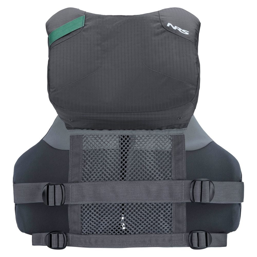 The NRS Chinook Fishing PFD is a black and gray life jacket with two adjustable straps, a mesh back panel, and features the NRS logo on the upper right.