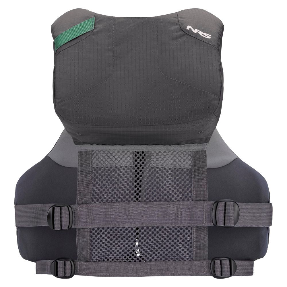 Front view of the black NRS Chinook Fishing PFD with adjustable straps and a mesh back panel, perfect for fishing.