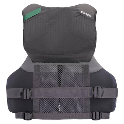 Front view of the black NRS Chinook Fishing PFD with adjustable straps and a mesh back panel, perfect for fishing.