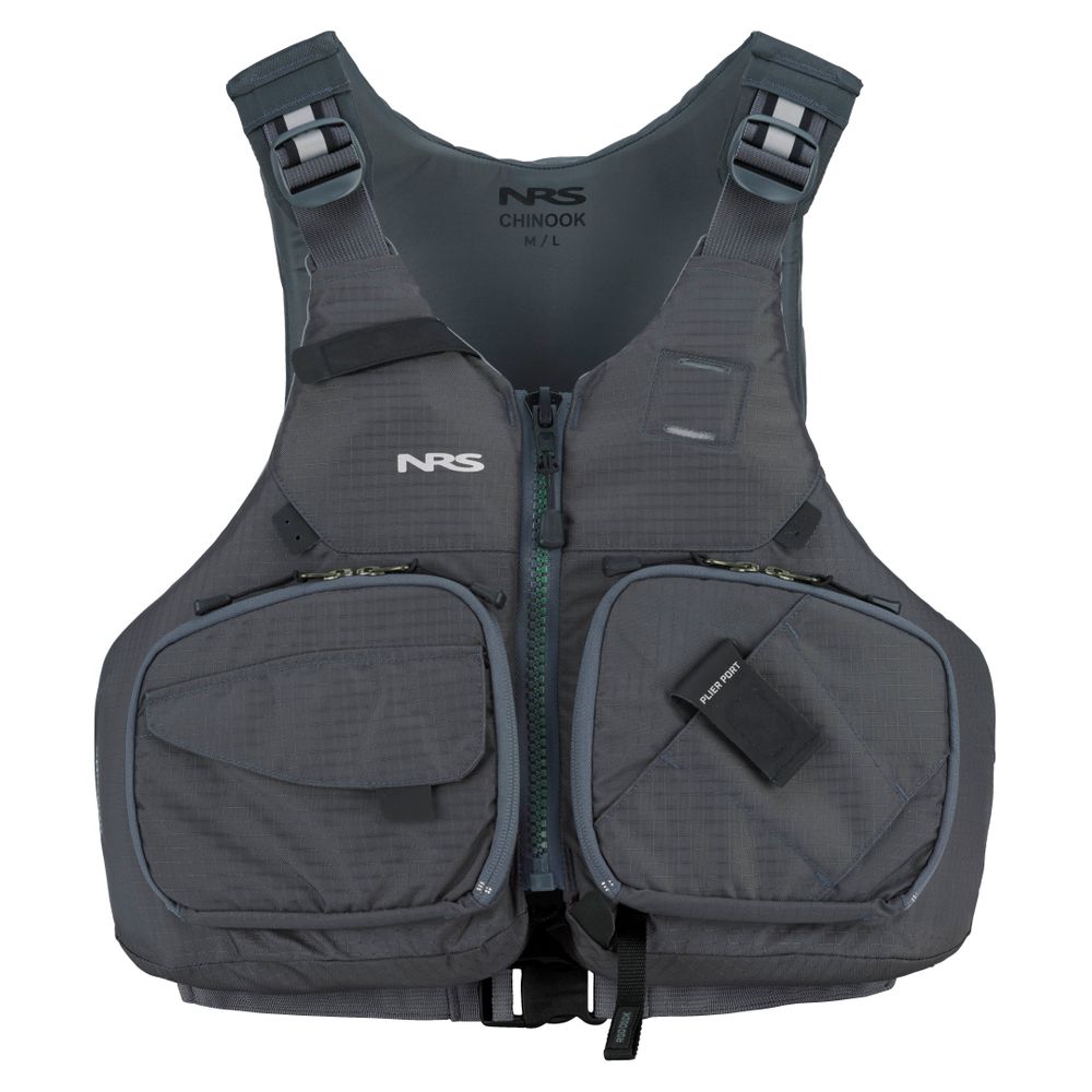 The NRS Chinook Fishing PFD in gray features multiple zippered pockets and adjustable straps, shown from the front.