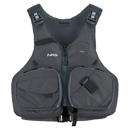 The NRS Chinook Fishing PFD in gray features multiple zippered pockets and adjustable straps, shown from the front.