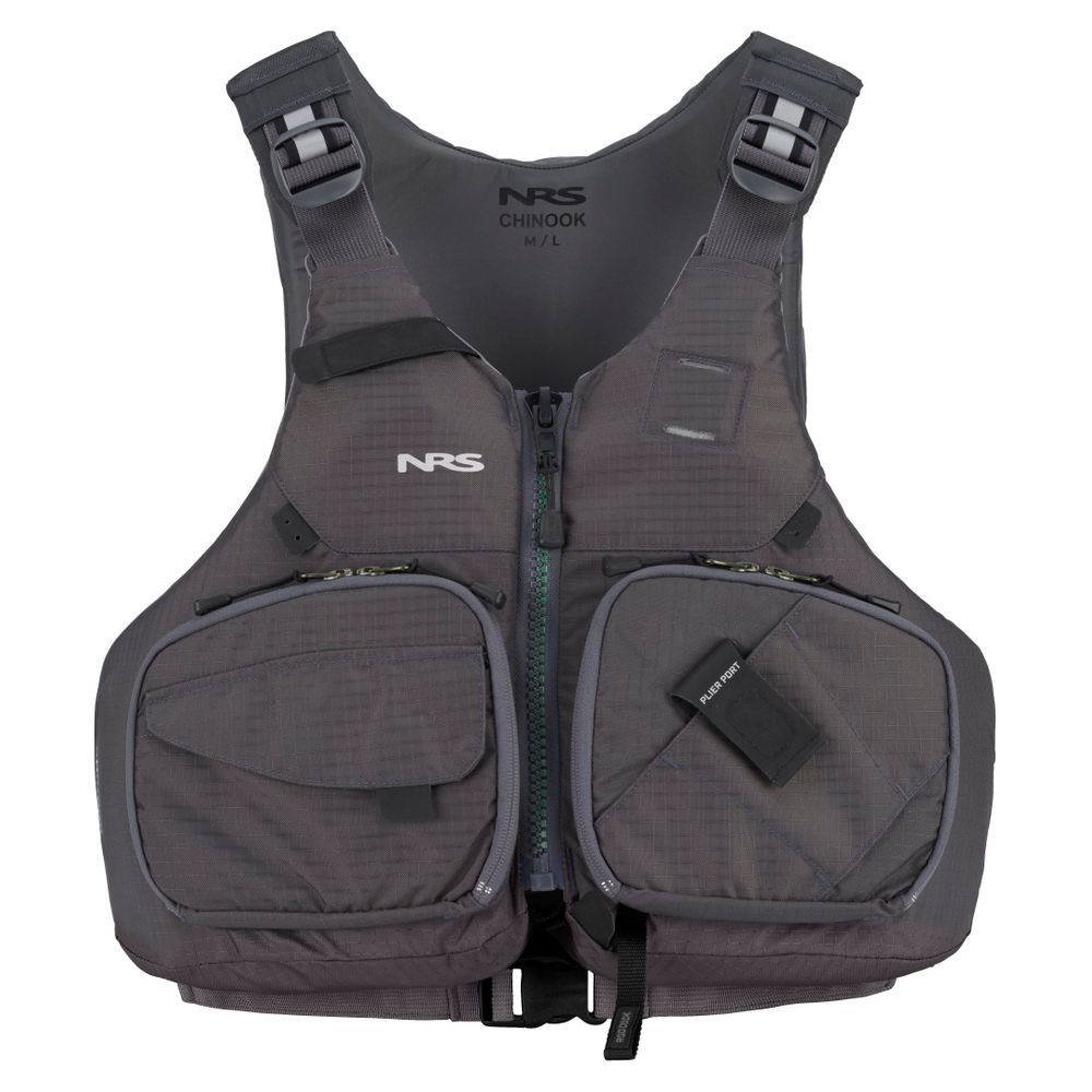 The NRS Chinook Fishing PFD in gray has handy front pockets and adjustable straps, perfect for anglers.