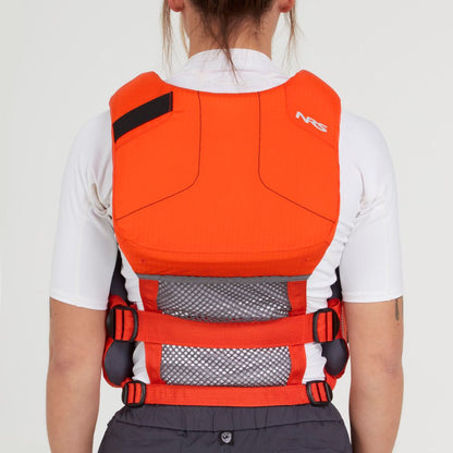 An individual is wearing an NRS Chinook Fishing PFD, with its vibrant red fabric standing out against the white shirt underneath in a back view.