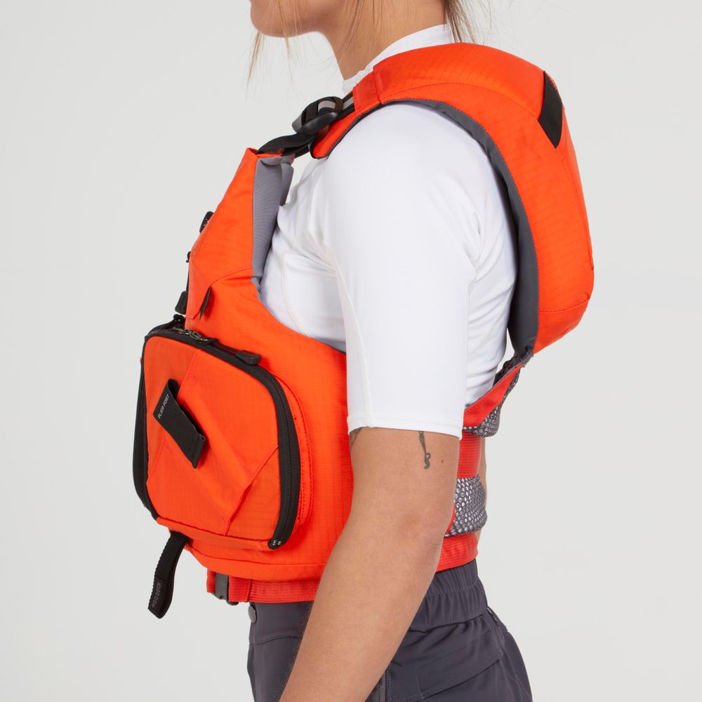 A person is shown in side profile against a plain background, wearing the Chinook Fishing PFD by NRS, an orange life vest featuring gear attachment points, over a white shirt.