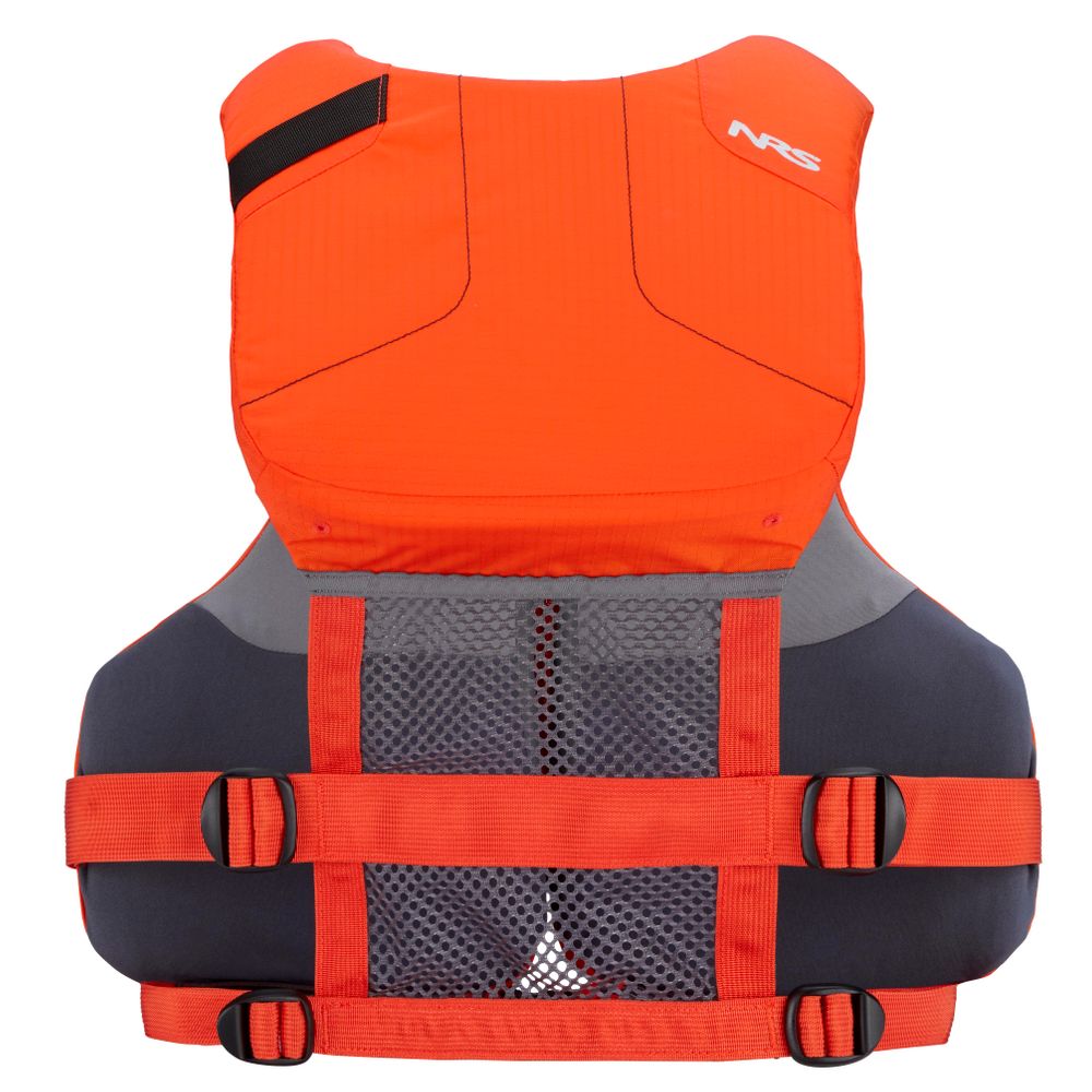 The NRS Chinook Fishing PFD is orange and black, features adjustable straps, gear attachment points, and a mesh back panel, making it perfect for fishing.
