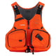 The NRS Chinook Fishing PFD is a bright orange life vest featuring multiple front pockets, black straps, and a central zipper, engineered for safety and utility on the water.