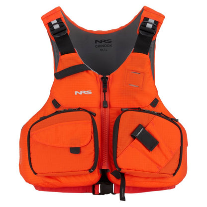 The NRS Chinook Fishing PFD is a bright orange life vest featuring multiple front pockets, black straps, and a central zipper, engineered for safety and utility on the water.