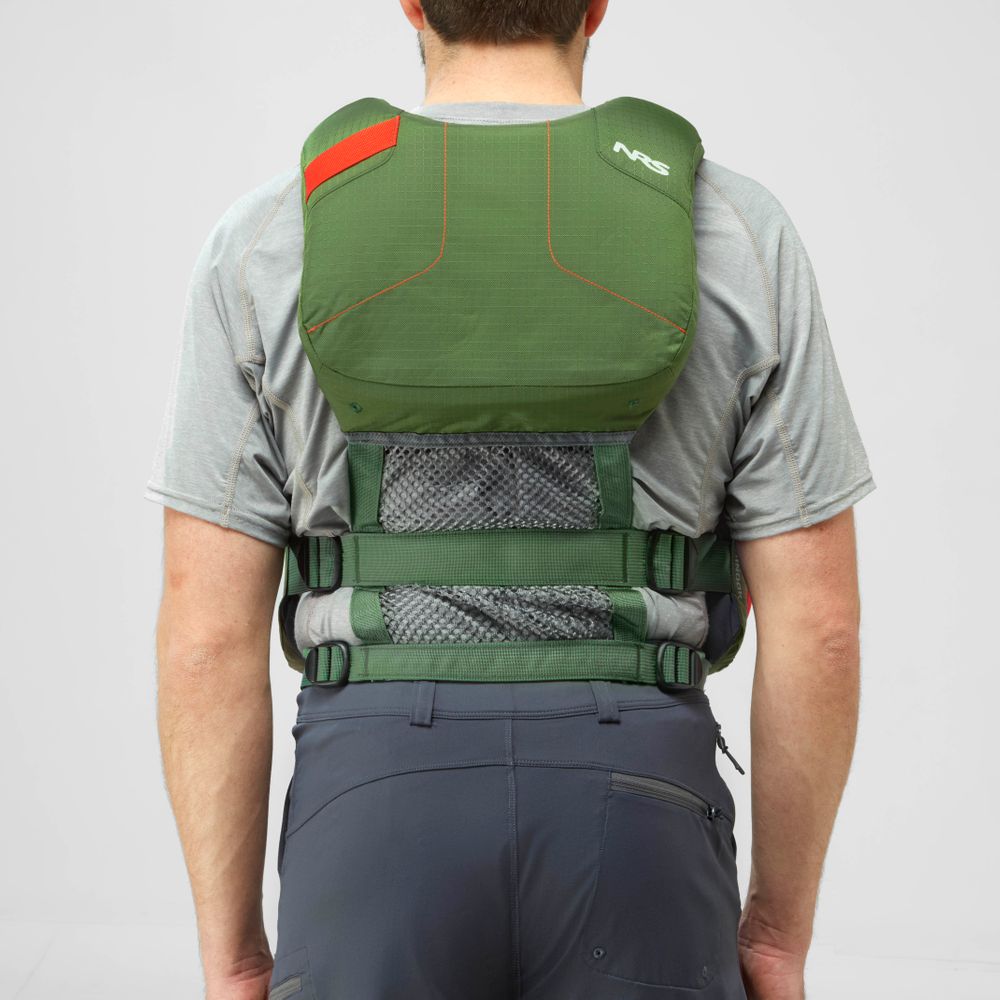A person, seen from behind, wears an NRS Chinook Fishing PFD in green over a gray shirt.
