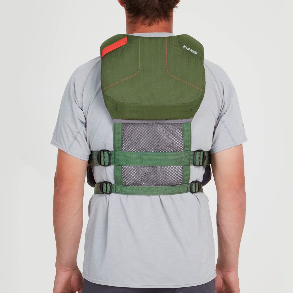Viewed from behind, someone wearing the green and gray Chinook Fishing PFD by NRS, featuring gear attachment points and a mesh panel, looks adventure-ready.