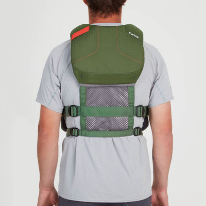 Viewed from behind, someone wearing the green and gray Chinook Fishing PFD by NRS, featuring gear attachment points and a mesh panel, looks adventure-ready.