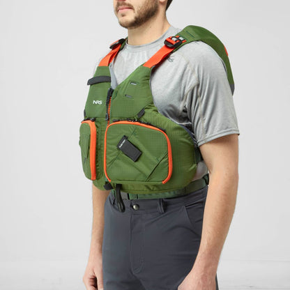 A man in a gray t-shirt and dark pants models the NRS Chinook Fishing PFD, which features multiple pockets, against a plain background.