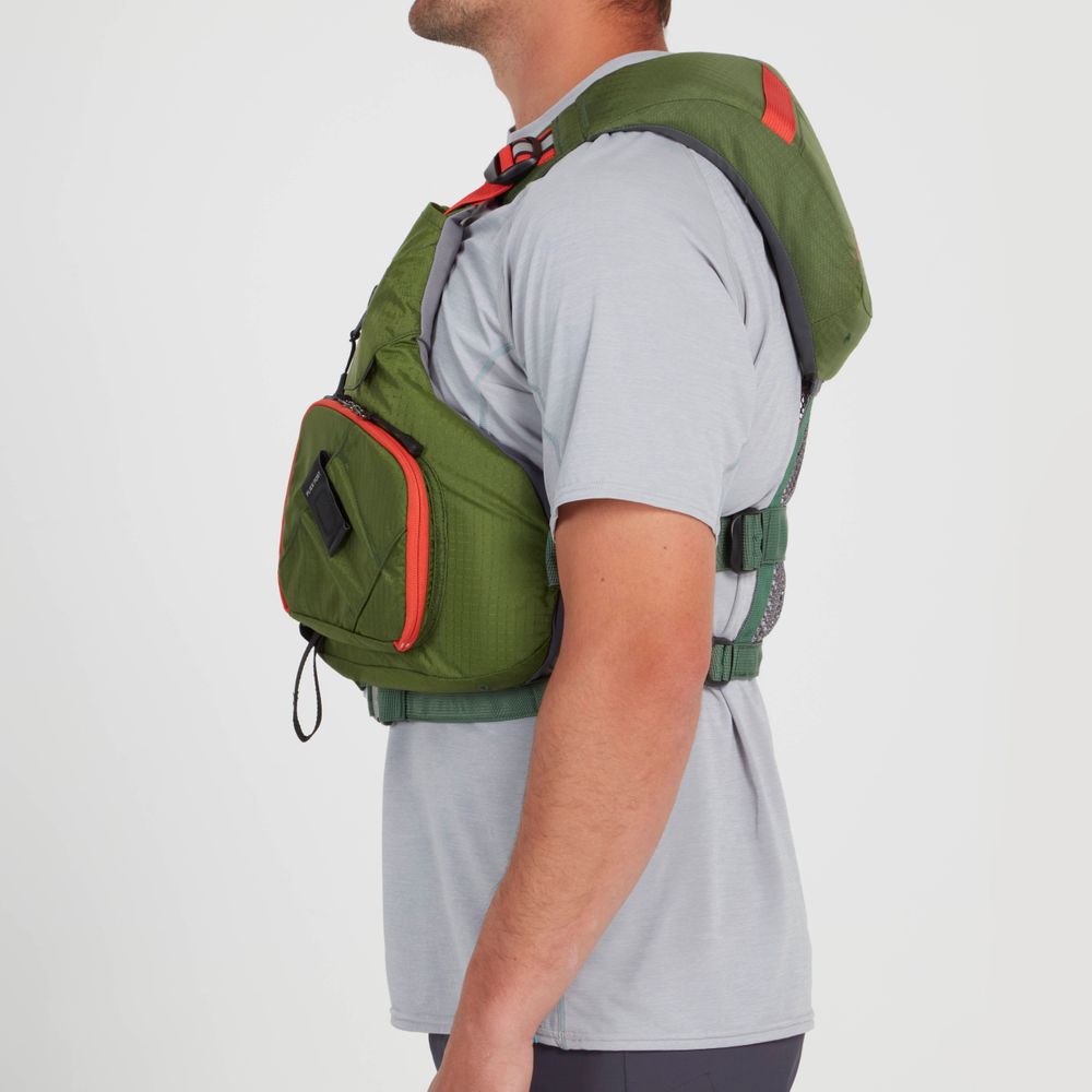 A person in profile sports an NRS Chinook Fishing PFD over a gray shirt against a plain background, showcasing its convenient gear attachment points.