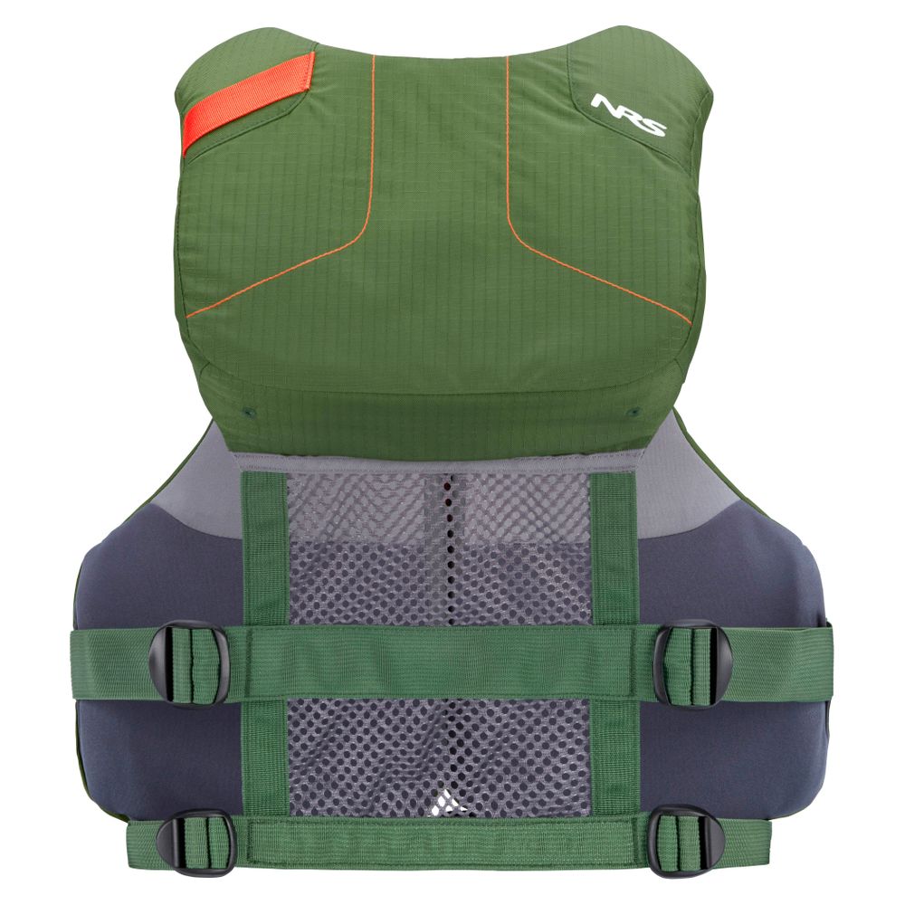 The NRS Chinook Fishing PFD features a green and gray design, adjustable black straps, a mesh back panel, and the NRS logo—ideal as a kayak life vest for your next adventure.