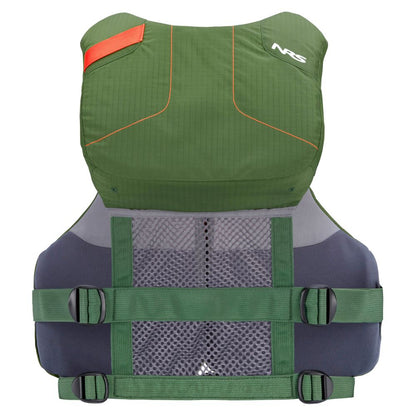 The NRS Chinook Fishing PFD features a green and gray design, adjustable black straps, a mesh back panel, and the NRS logo—ideal as a kayak life vest for your next adventure.