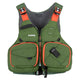 The NRS Chinook Fishing PFD in green, size M/L, features orange straps, a front zipper, and multiple front pockets.
