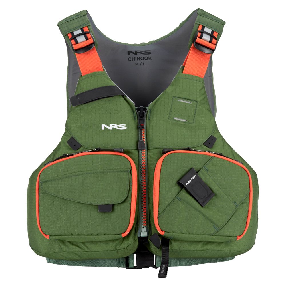 The NRS Chinook Fishing PFD in green, size M/L, features orange straps, a front zipper, and multiple front pockets.