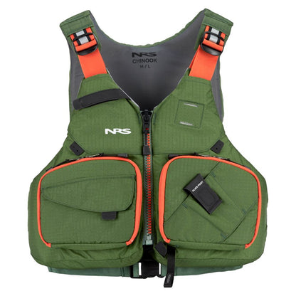 The NRS Chinook Fishing PFD in green, size M/L, features orange straps, a front zipper, and multiple front pockets.