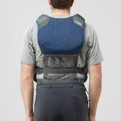 Someone shown from the back against a plain background wears an NRS Chinook Fishing PFD over a gray shirt and dark pants.