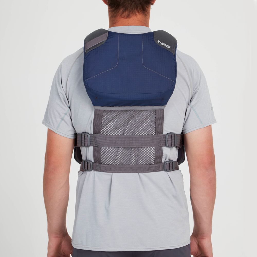 A person is seen from behind wearing a blue and gray NRS Chinook Fishing PFD, featuring gear attachment points.