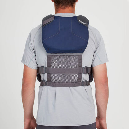 A person is seen from behind wearing a blue and gray NRS Chinook Fishing PFD, featuring gear attachment points.